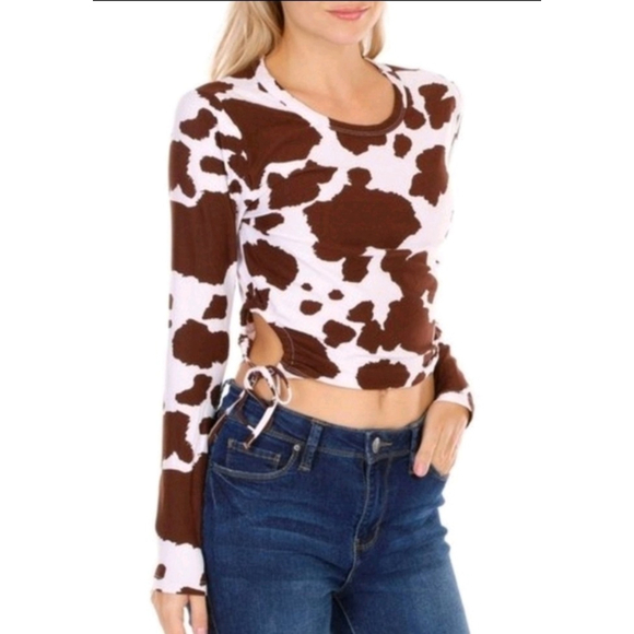 Love Dazed Tops - Love Dazed Brown Cow Print Side Keyhole Crop Top Women's Juniors M NWT